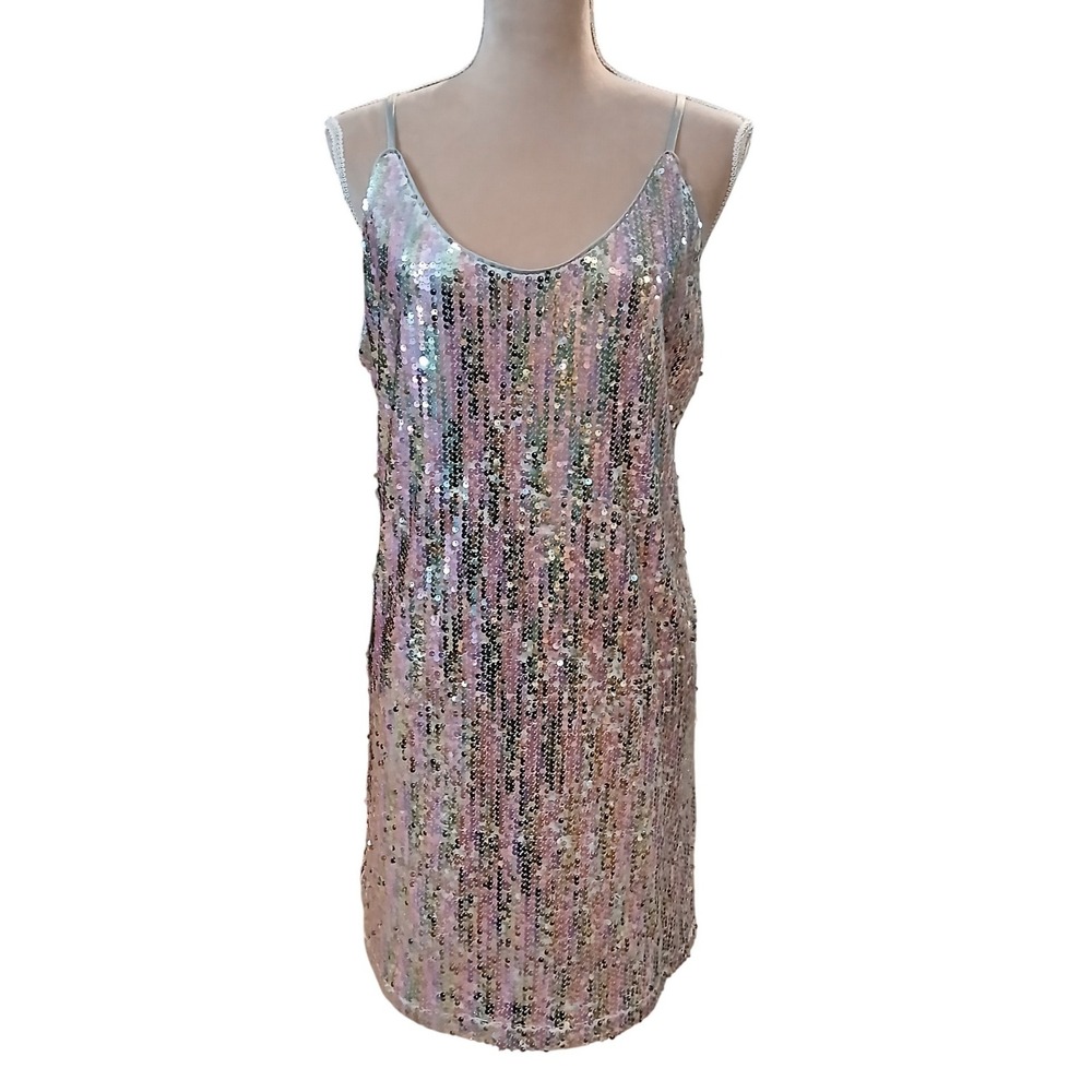 Allegra K L Womens Sequin Mini Dress Pink Gold Green Party Slip Dress NWT Disco